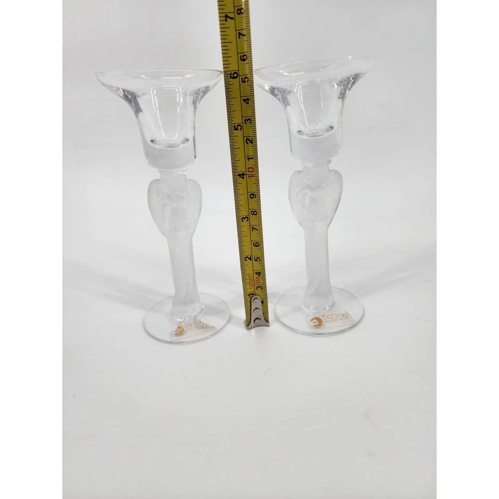 Schmid Folio Of France Hand Blown‎ Frosted Angel Candle Stick Set Of 2- Vintage